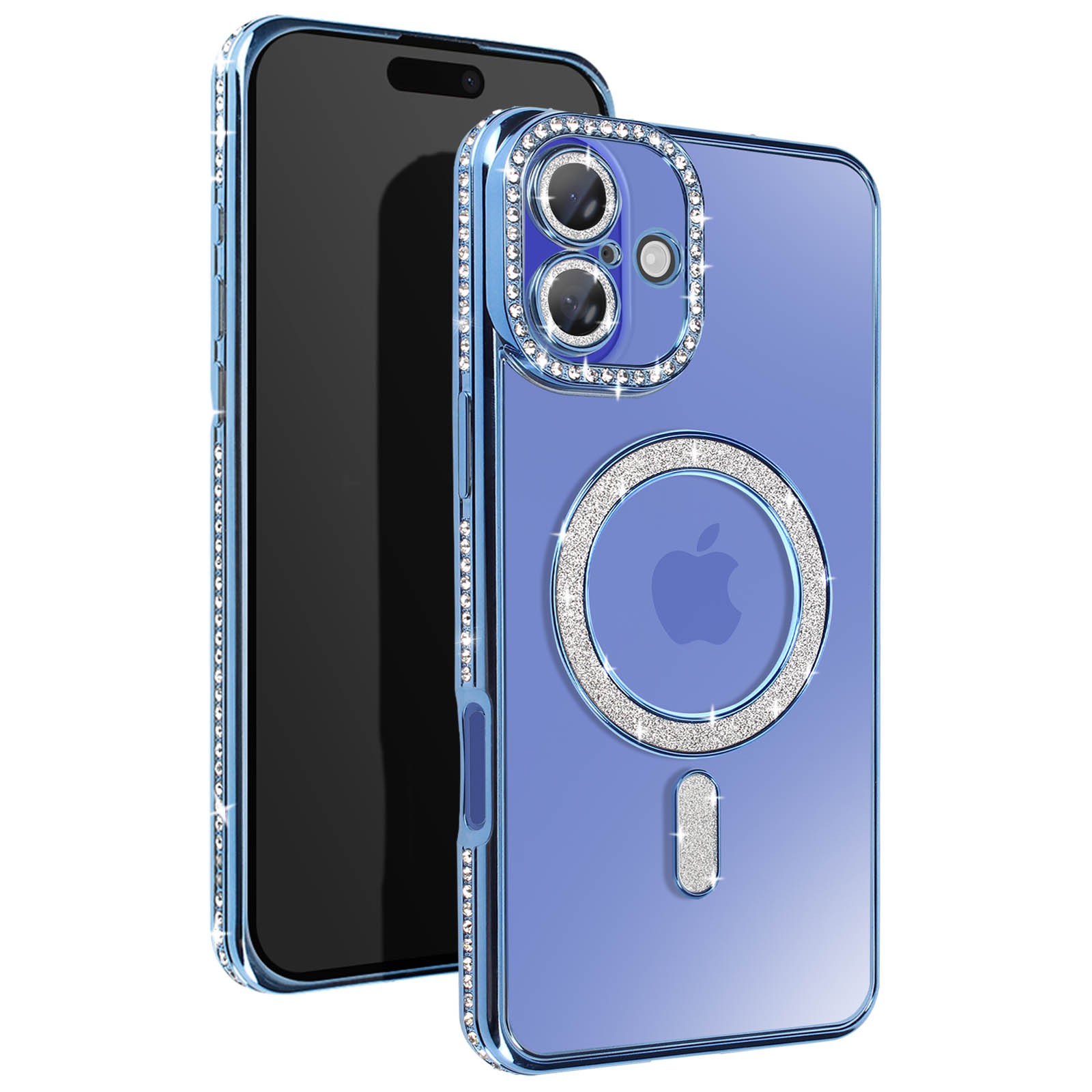 Coque iPhone 16 Plus Avizar look diamant luxe bleu clair chic