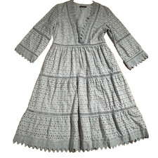Adolfo Dominguez Maxi Dress Sz 2 Grey Cotton Tiered Eyelet Scallop Cottage Spain