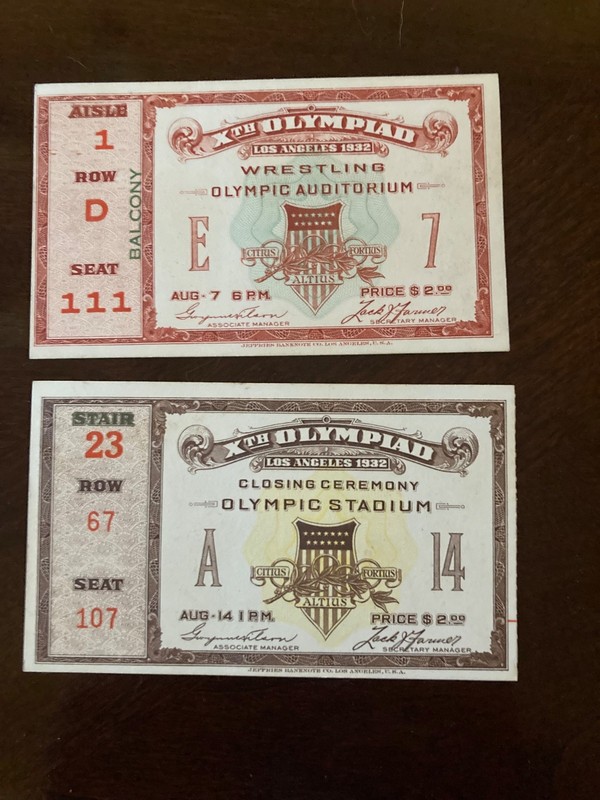(2) 1932 olympic tickets in n/mint condition closing ceremony, & wrestling