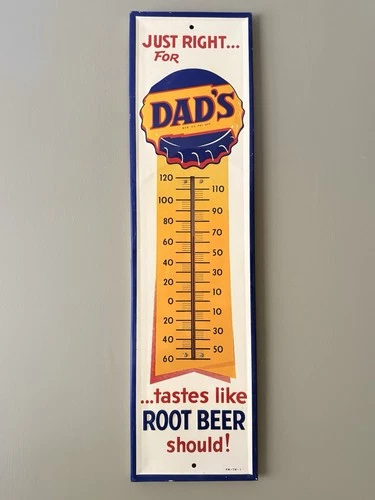 DAD’S ROOT BEER Vintage Advertising Thermometer - Yellow/Blue/White/Red - 27”x7”