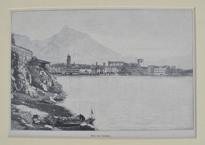 Antiker Holzstich  Riva am Gardasee  Italien Stadtansicht 19. Jh.