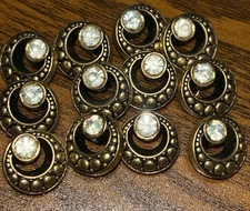 Buttons 12 gold ring with rhinestone in circle shank back round metal 1.4 cm VTG