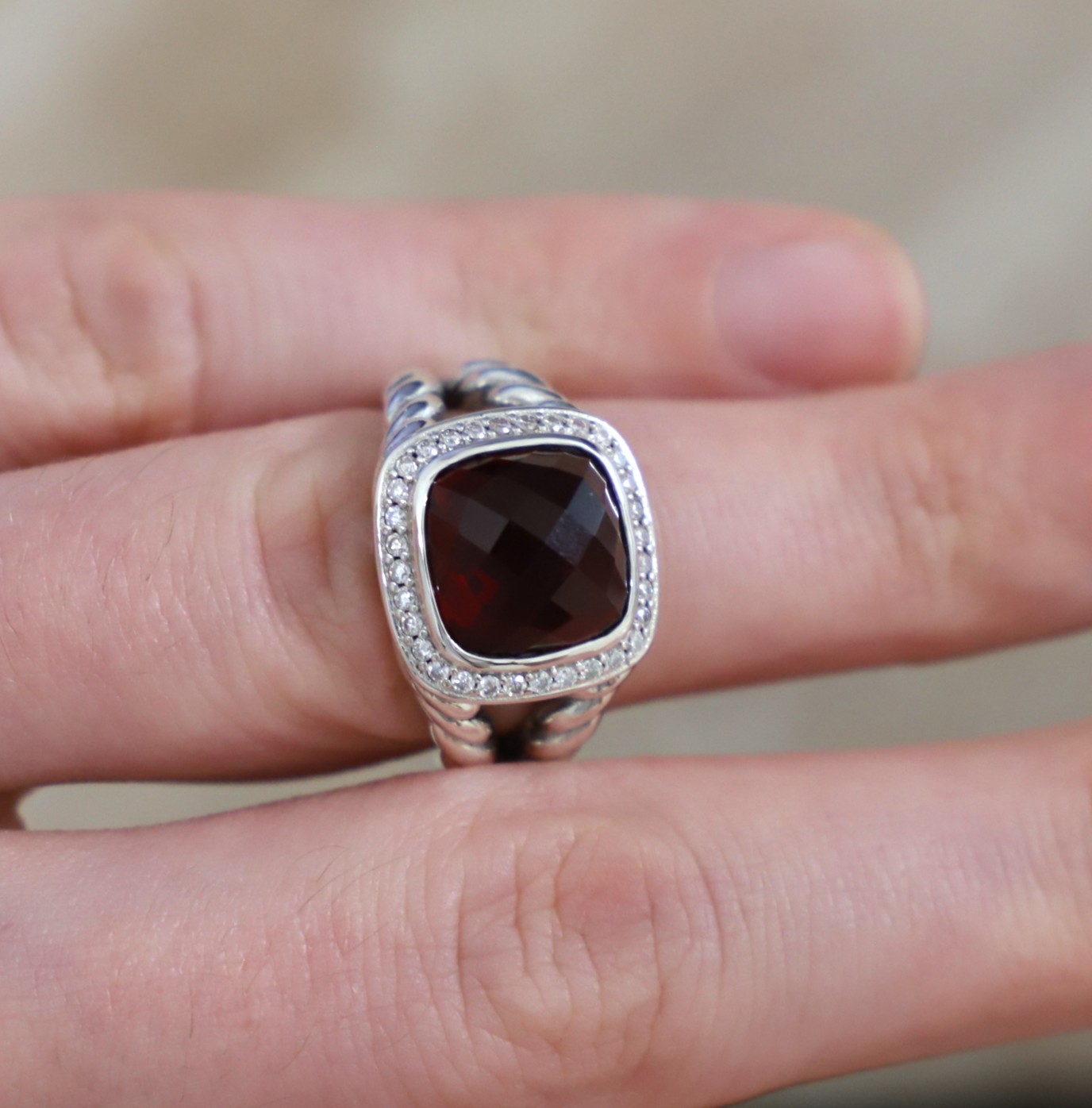 David Yurman Women's Sterling Silver 11mm Albion Ring Garnet size 8