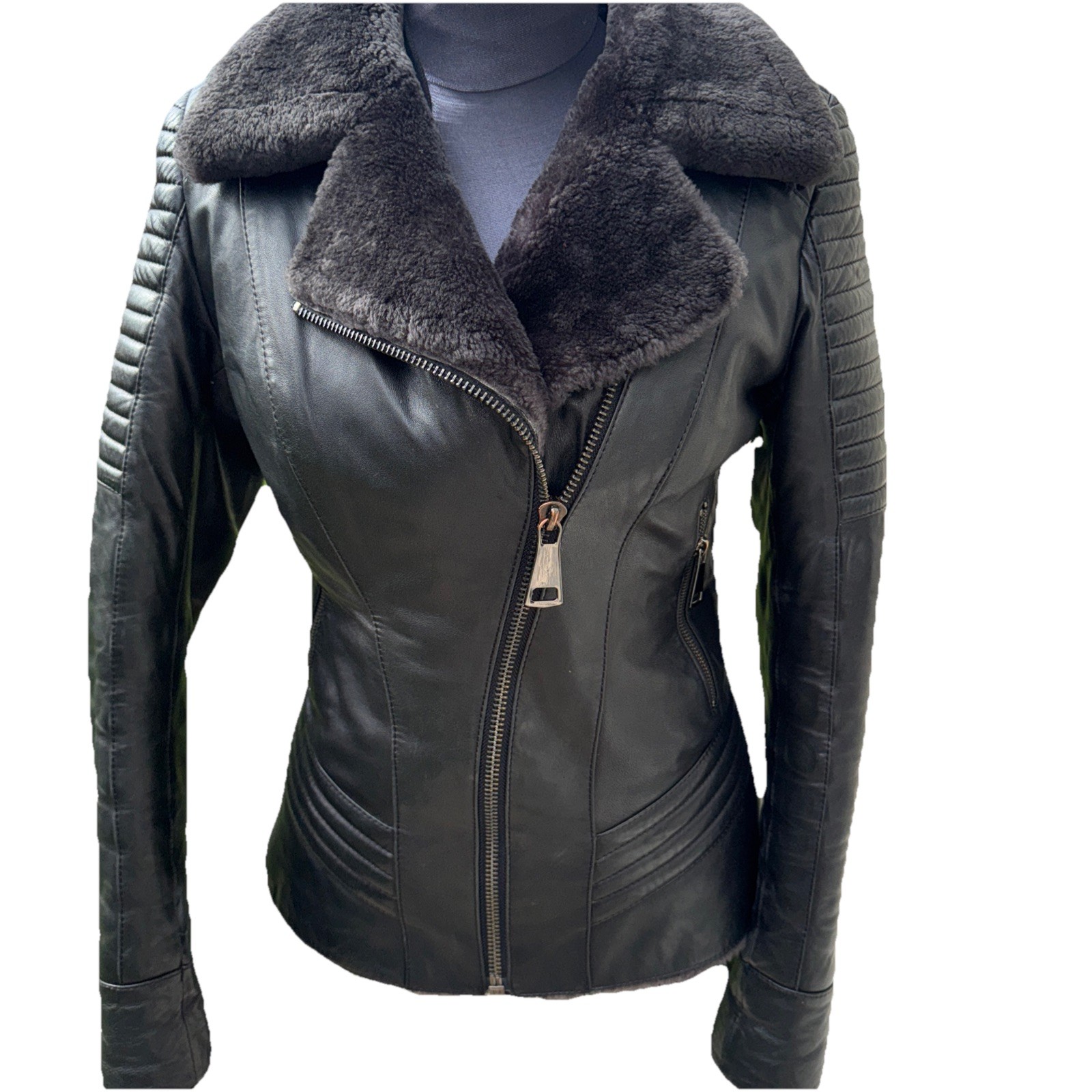Genuine Lamb skin shearling jacket, Black, Biker Style, Size S