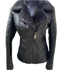 Genuine Lamb skin shearling jacket, Black, Biker Style, Size S