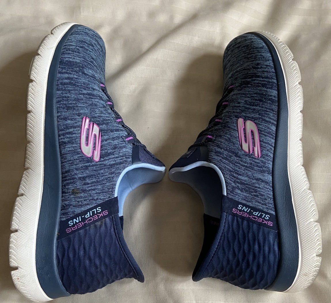 Skechers Womens Blues/Pink Slip-ins Hands Free Memory Sneakers Shoes - Size 6.5