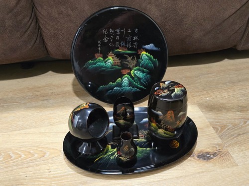 Vintage Asian Lacquerware Vanity Desk Set Hand Painted Japan Tray Decor - 第 1/23 張圖片