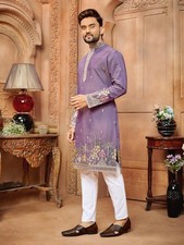 Men s Silk Blend Kurta Gold Embroidered Mandarin Collar Festive Ethnic Wear