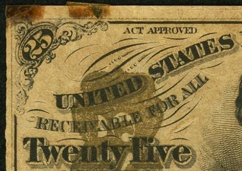 FR 1299 - 25c THIRD ISSUE - FIBER PAPER - SOLID BRONZE - GREEN BACK w/ "M-2-6-5" - Image 3 of 4