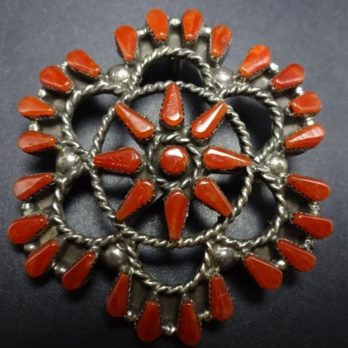 Signed Vintage ZUNI Sterling Silver OLD RED MED CORAL Petit Point PIN/PENDANT