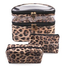 Large Leopard Makeup Bags - 3-Piece Travel Organizer Set for Toiletries
