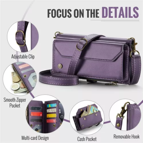 For iPhone 16 15 14 13 12 Pro Max Plus Case Wallet Leather ZIP Bag Strap Cover - Picture 28 of 84