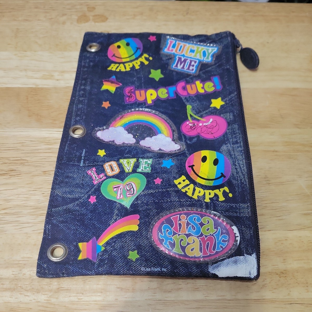 Vintage Lisa Frank Denim Zippered 3 Ring Binder Rainbow Patches  display picture 1
