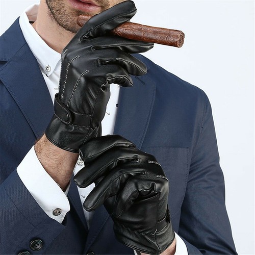 Mens Winter Warm PU Leather Black Touch Screen Gloves Full Finger For Smartphone - Picture 7 of 10