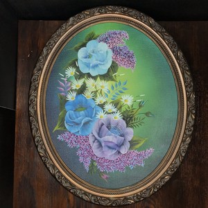 Antique-Floral-Painting-Oval-Frame-Wooden-Picture-Beautiful-Jewel-Tone-Purple