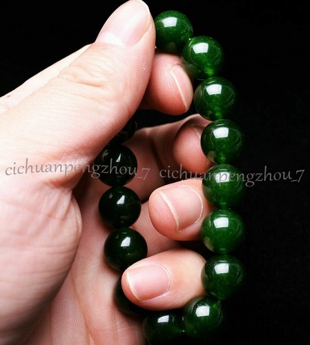 Natural 8/10/12mm Deep Green Jad Round Gemstone Beads Elastic Bracelet 7.5" - Picture 3 of 15