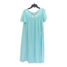 Miss Elaine Aqua Blue Nylon Tricot Nightgown Embroidered Flutter Sleeve Y2K 70s