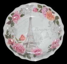 Paris Eiffel Tower Pink Grey Roses "Bonjour" Heavy Thick Melamine Serving Bowl