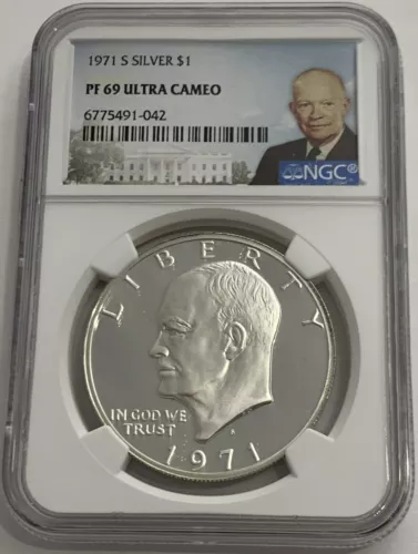 1971 S $1 NGC PF69 Ultra Cameo Proof Silver Eisenhower Dollar IKE Label