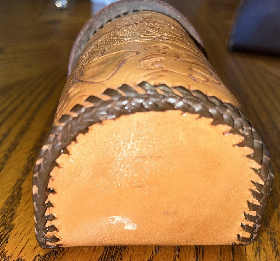 Vintage Leather Casting Reel Case HandMade Carved Woven Leather