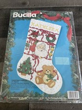 BUCILLA "CHRISTMAS SAMPLER" Counted Cross Stitch STOCKING Santa Claus Bears 1994