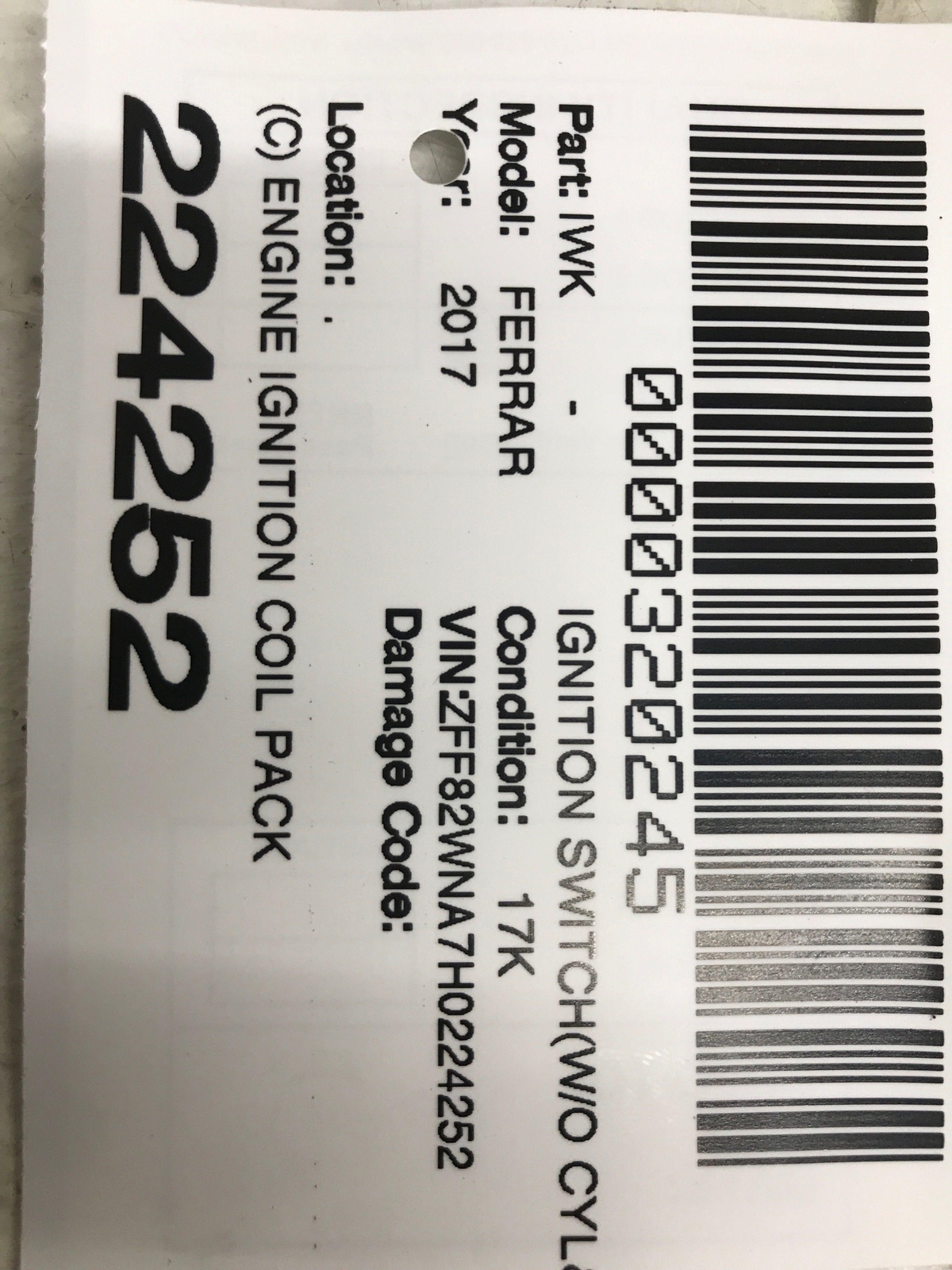 2017-2020 FERRARI GTC4LUSSO (C) ENGINE IGNITION COIL PACK 290850 OEM