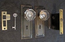 CUSTOMIZABLE! Antique Glass Door Knob Lockset Skeleton Key Mortise Backplate 