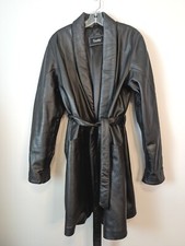 Open Front Belted Long Leather Coat Mob Wife Aesthetic Size Large Black Euc