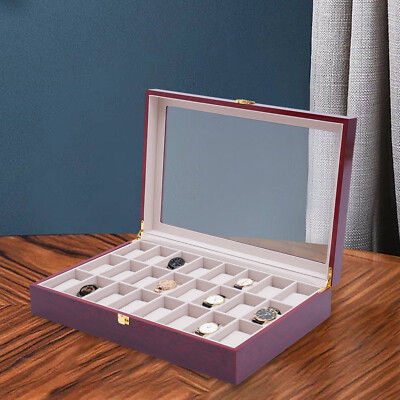 24 Slot Walnut Wooden Watch Display Case Glass Top Jewelry Box