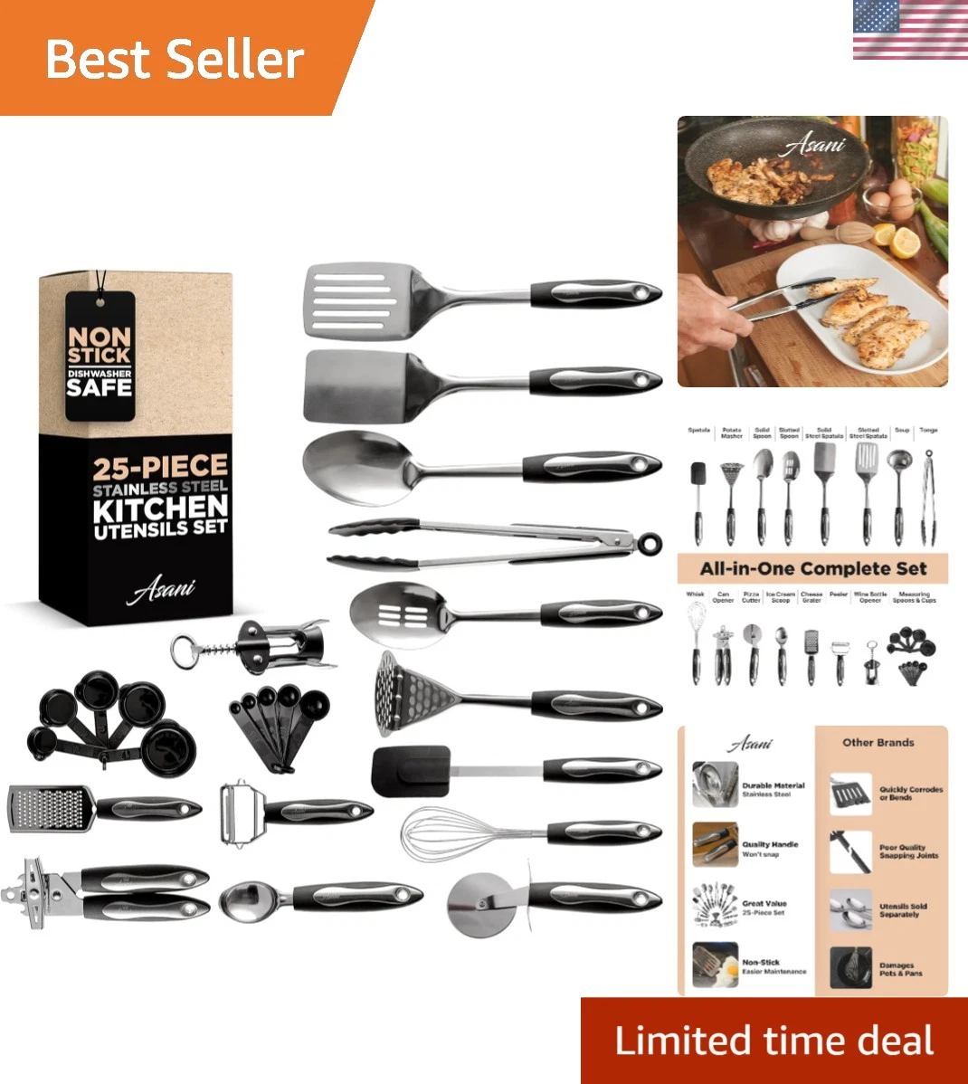 Ultimate 25-Piece Non-Stick Stainless Steel Cooking Utensils – Lifetime