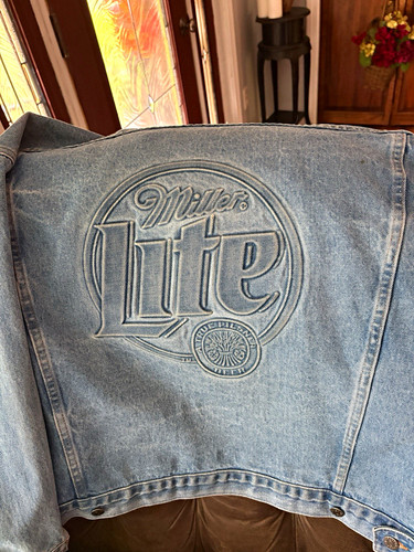 Miller Lite Blue Denim Jacket Large Embroidered Back Logo Breweriana Theme