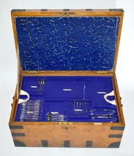 ANTIQUE MAPPIN & WEBB WOODEN METAL BOUND CUTLERY CHEST PART SILVER PLATE CANTEEN