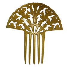 Vintage Art Deco Celluloid Yellow Hair Comb Large Fan Ornate Pattern Rare