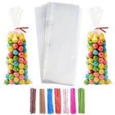 100 PCS 4x11 Inch Clear Cello Cellophane Flat Treat Bags With Twist Ties Gift