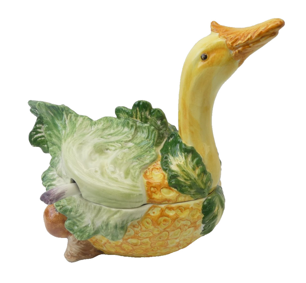 Italian Vietri Goose Cabbage Large Figural Tureen w/ Ladle Botanical Collection