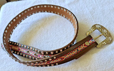 Girls Western 3D Bling Aztec Belt Leather And Pink Fabric Fits24-28" waist size