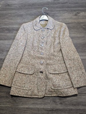 Vintage 1960s Donegal Tweed Wool Jacket - Peter Pan Collar - Beige/Tan Fleck