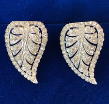 Vintage Crown Trifari Rhinestone Silver Leaf Shoe Clips