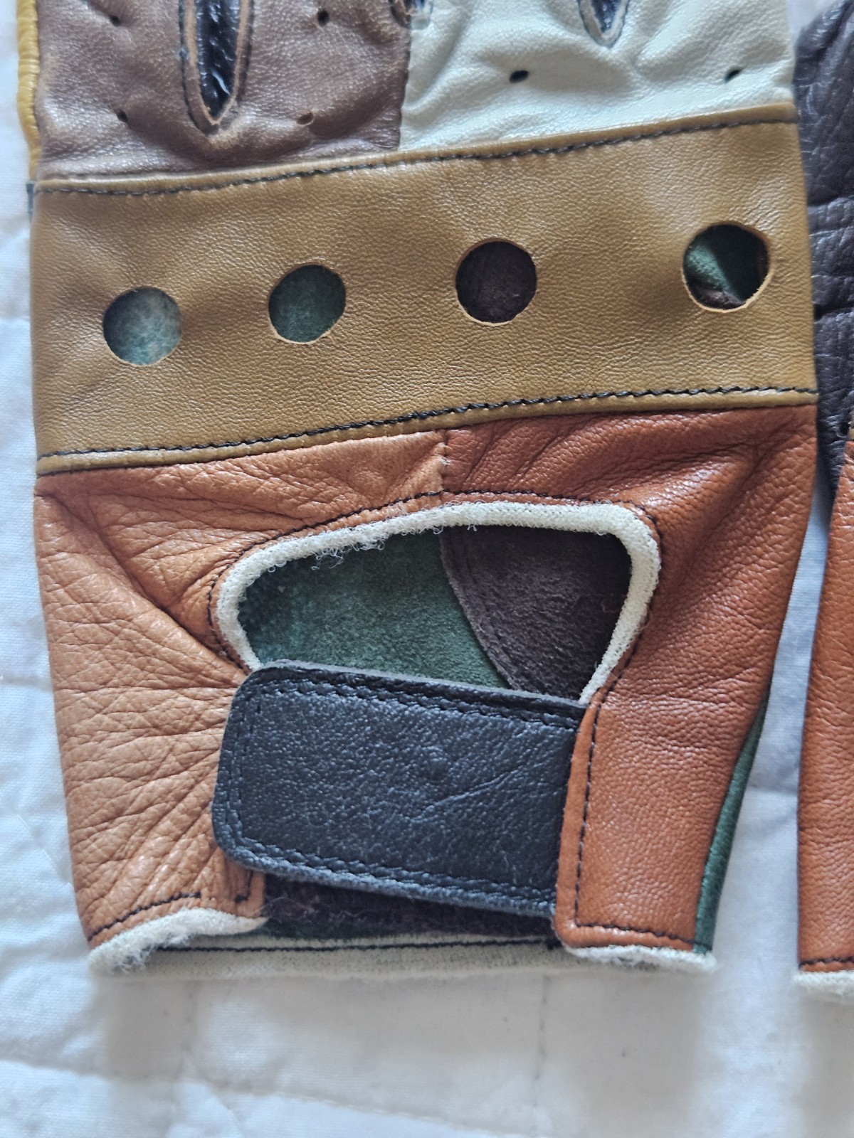 Vtg Leather Patchwork Colorblock Driving Gloves W… - image 3