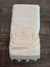 Pottery Barn Organic Cotton Crib Skirt, White With Green Pom Poms, New.