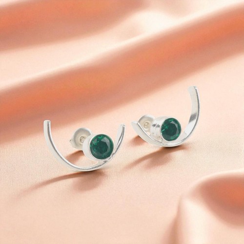 925 Sterling Silver Green Emerald Gemstone May Birth Birthday Stud Post Earrings