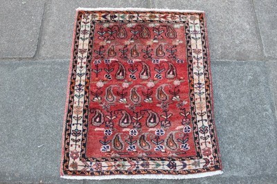 Vintage Handgeknüpfter Traditioneller Teppich Orientteppich Wolle Rot Kleiner Teppich 85x70cm