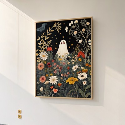 Geist stehend auf einer Blumenwiese hübsche Blumen verzauberte Wand mystisch magisch