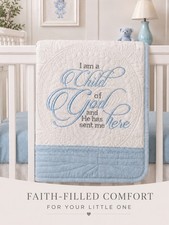 Embroidered Baby Quilt, Blue Trim Baby Quilt Baby Blanket Child of God