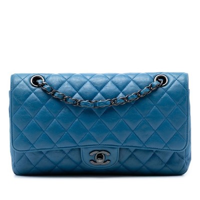 Chanel Medium Classic Calfskin Double Flap Pre-Loved Schultertasche Blau