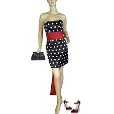 SHERRI HILL BLACK & WHITE POLKA DOT MINI DRESS WITH OVERSIZED RED SASH SIZE 6