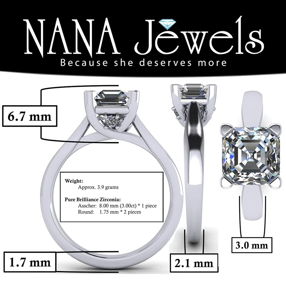 Platinum Plated 925 Sterling Silver 3 CTW Asscher CZ Solitaire Ring - Size 5.5 - Image 2 of 4