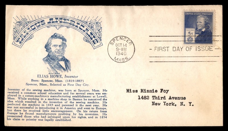 Mayfairstamps US FDC 1940 Elias Howe Sewing Machine First Day Cover aaz_92729