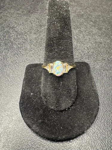 Vintage 925 Yellow Gold Plated Fire  Opal Ring Oval Multicolor Stone 188 CW 925