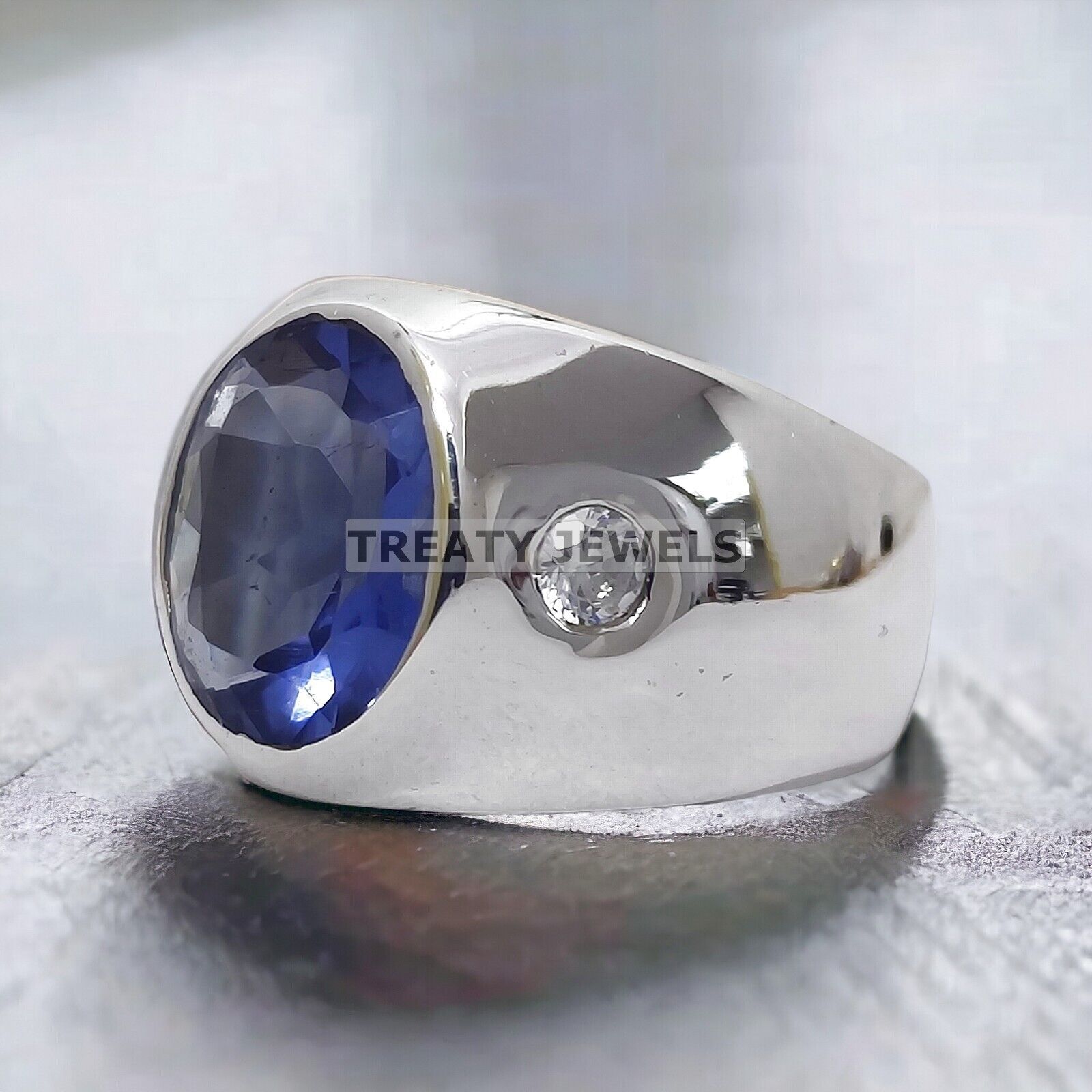 Blue Sapphire Oval Cut Gemstone With 925 Sterling Silver Ring For Men's #351